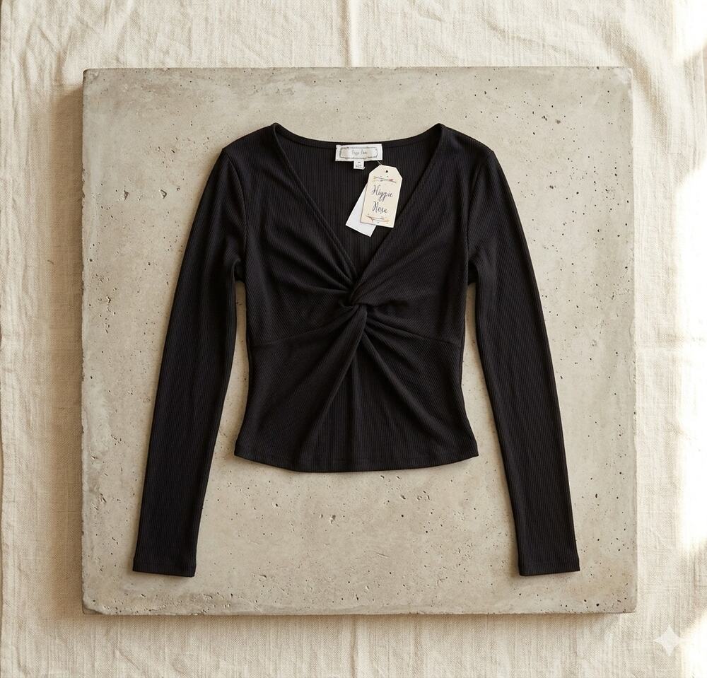 Hippie Rose Black Front Twist Rib-Knit Top - Size M - NWT - Long Sleeve